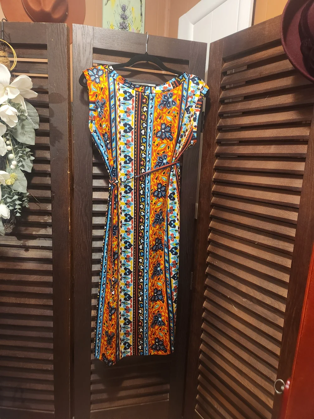 Vintage Orange and Blue Striped Floral Midi Dress - Picture 1 of 4